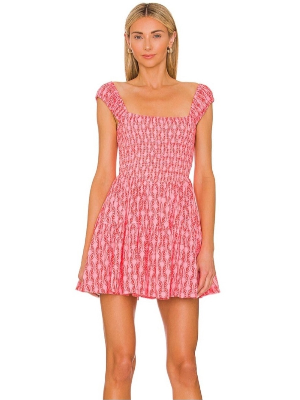 Free People Sweet Annie Pink & Red Smocked Tiered Mini Skirt Dress